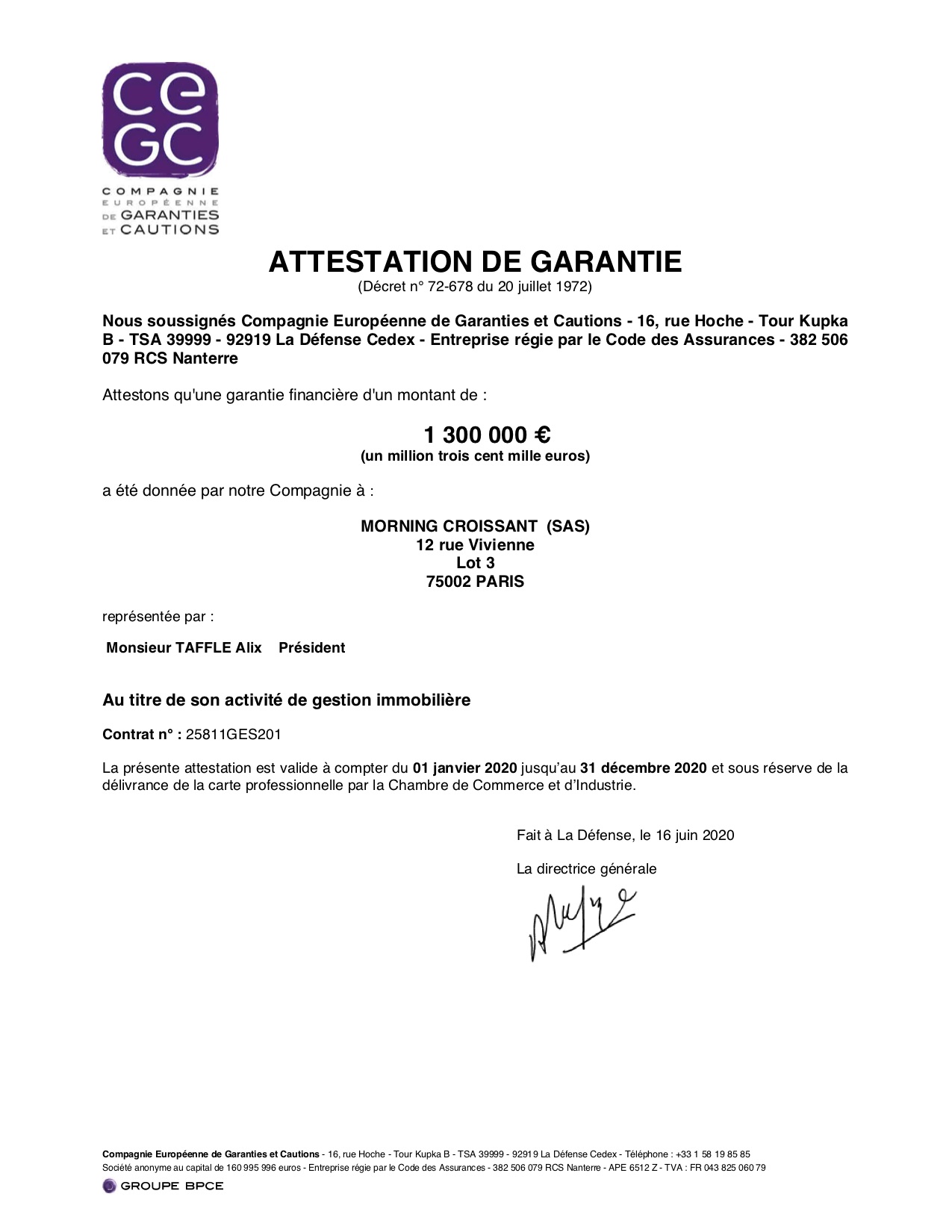 Attestation Garantie Financiere